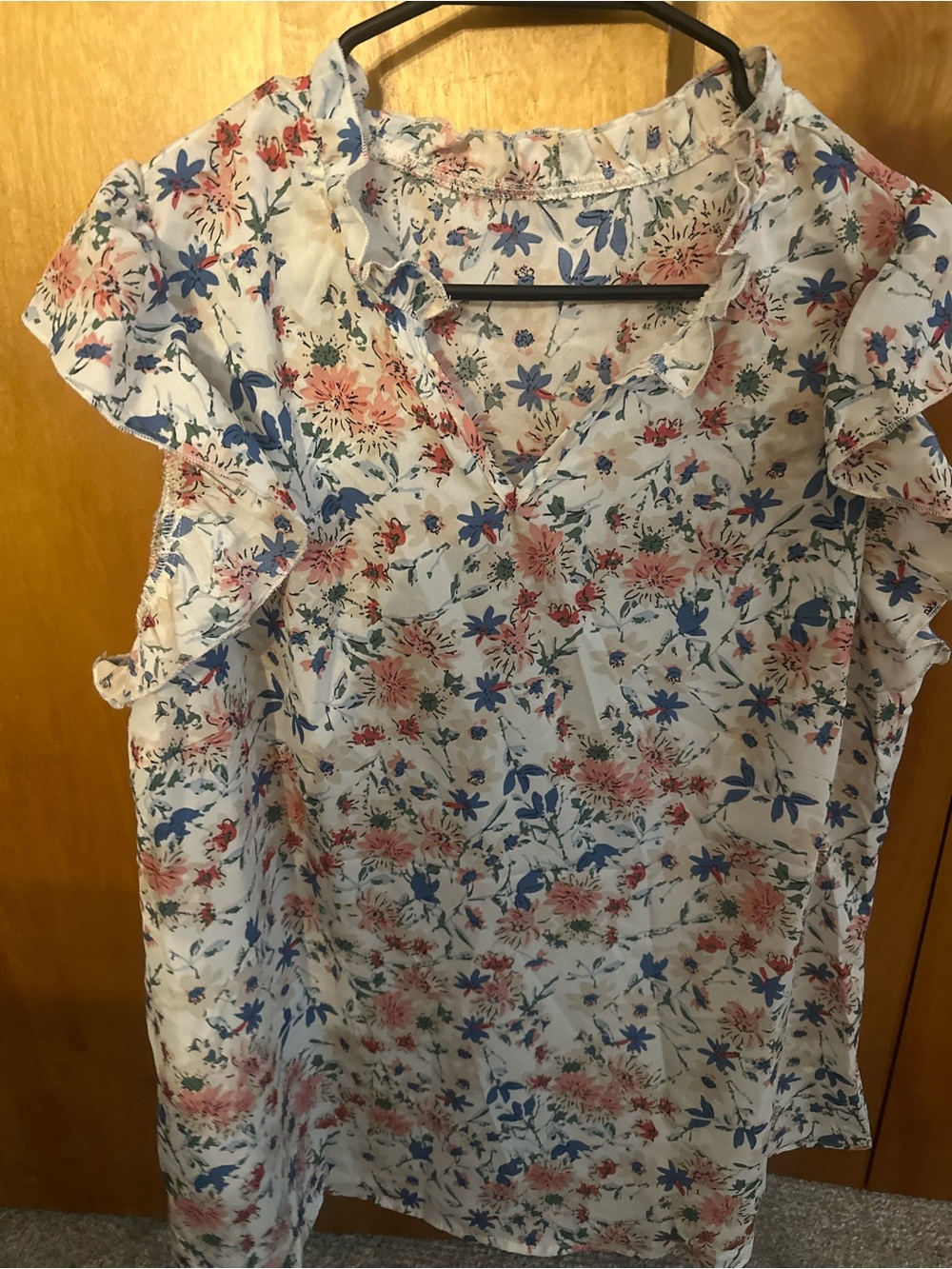 SHEIN White Floral V-Neck Top with Blue & Pink Flowers